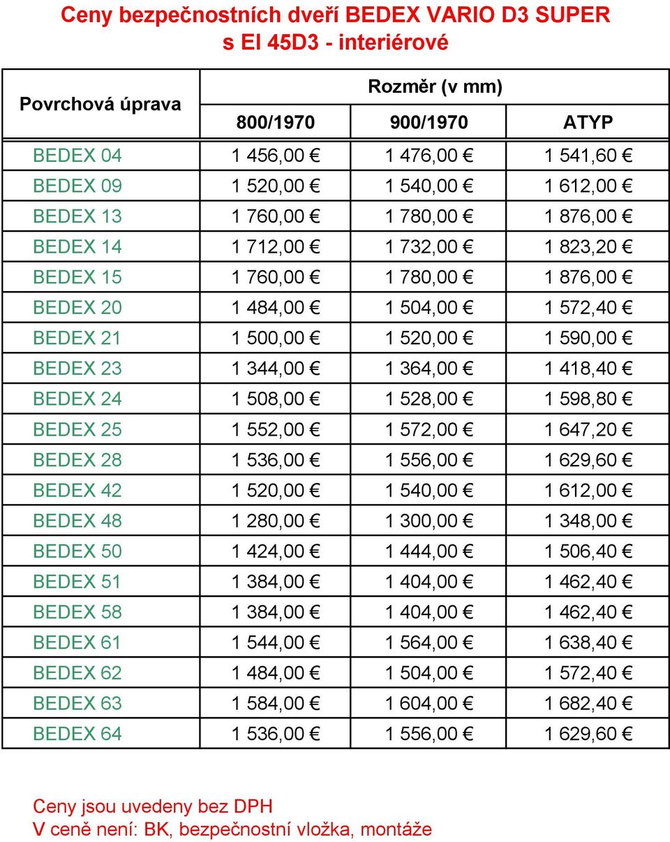 364,00 1 418,40 BEDEX 24 1 508,00 1 528,00 1 598,80 BEDEX 25 1 552,00 1 572,00 1 647,20 BEDEX 28 1 536,00 1 556,00 1 629,60 BEDEX 42 1 520,00 1 540,00 1 612,00 BEDEX 48 1 280,00 1 300,00 1 348,00