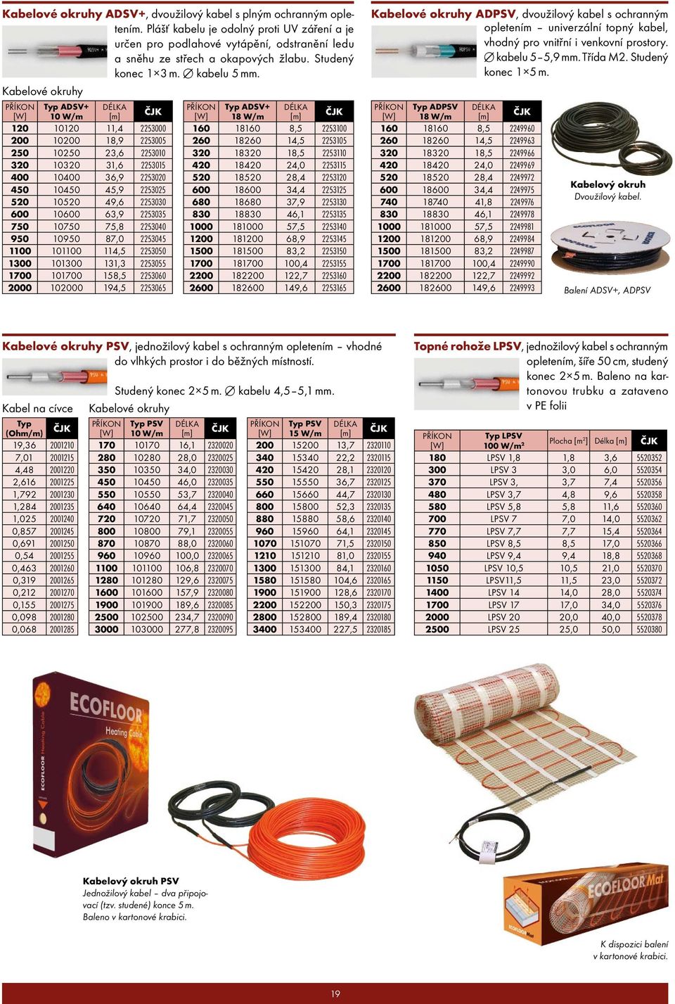 Kabelové okruhy Typ ADSV+ 10 W/m 120 10120 11,4 2253000 200 10200 18,9 2253005 250 10250 23,6 2253010 320 10320 31,6 2253015 400 10400 36,9 2253020 450 10450 45,9 2253025 520 10520 49,6 2253030 600