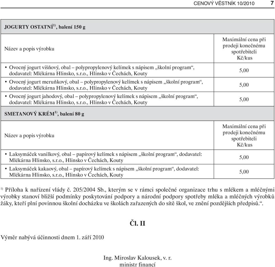 r.o., Hlinsko v Čechách, Kouty Ovocný jogurt jahodový, obal polypropylenový kelímek s nápisem školní program, dodavatel: Mlékárna Hlinsko, s.r.o., Hlinsko v Čechách, Kouty Maximální cena při prodeji