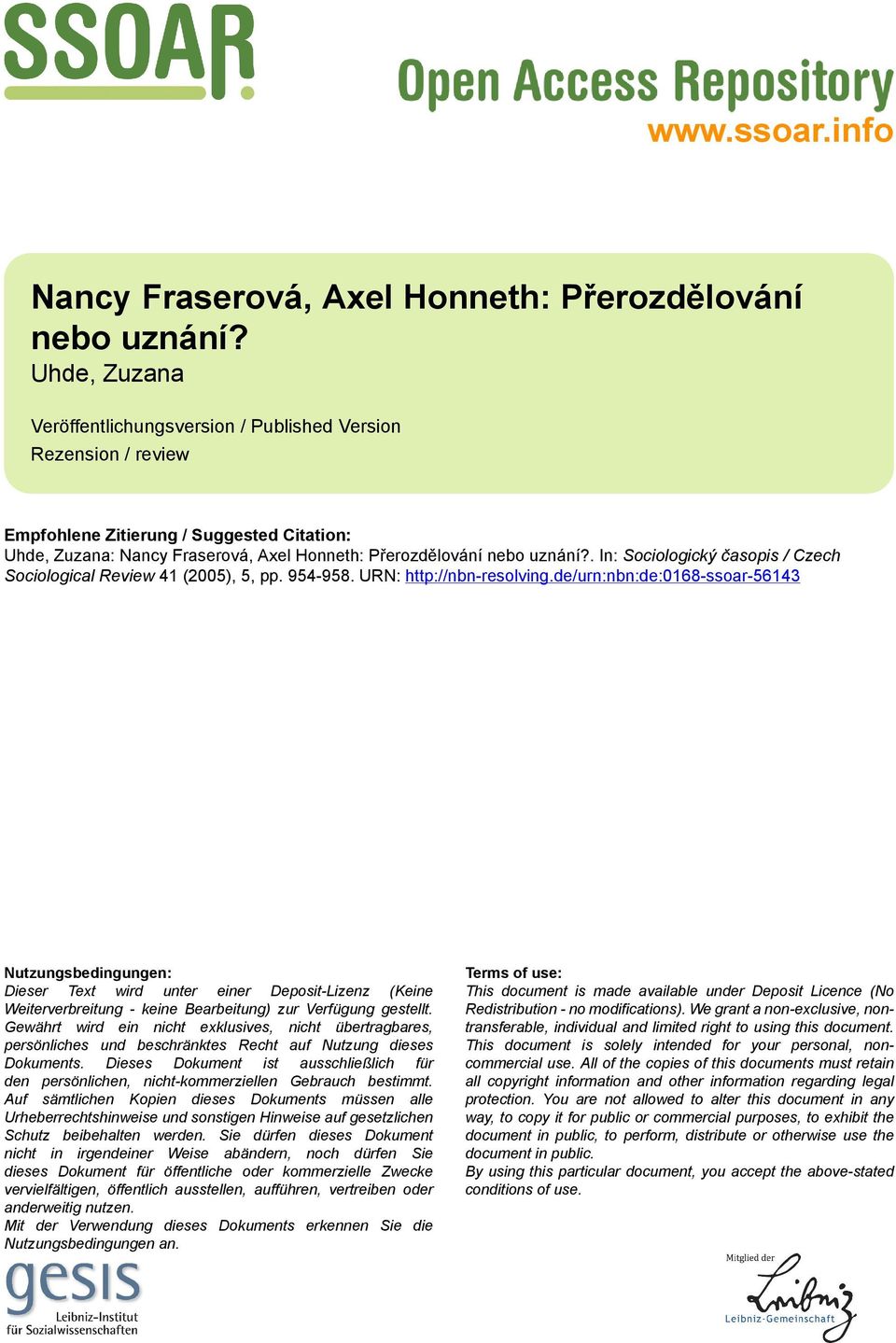 . In: Sociologický časopis / Czech Sociological Review 41 (2005), 5, pp. 954-958. URN: http://nbn-resolving.