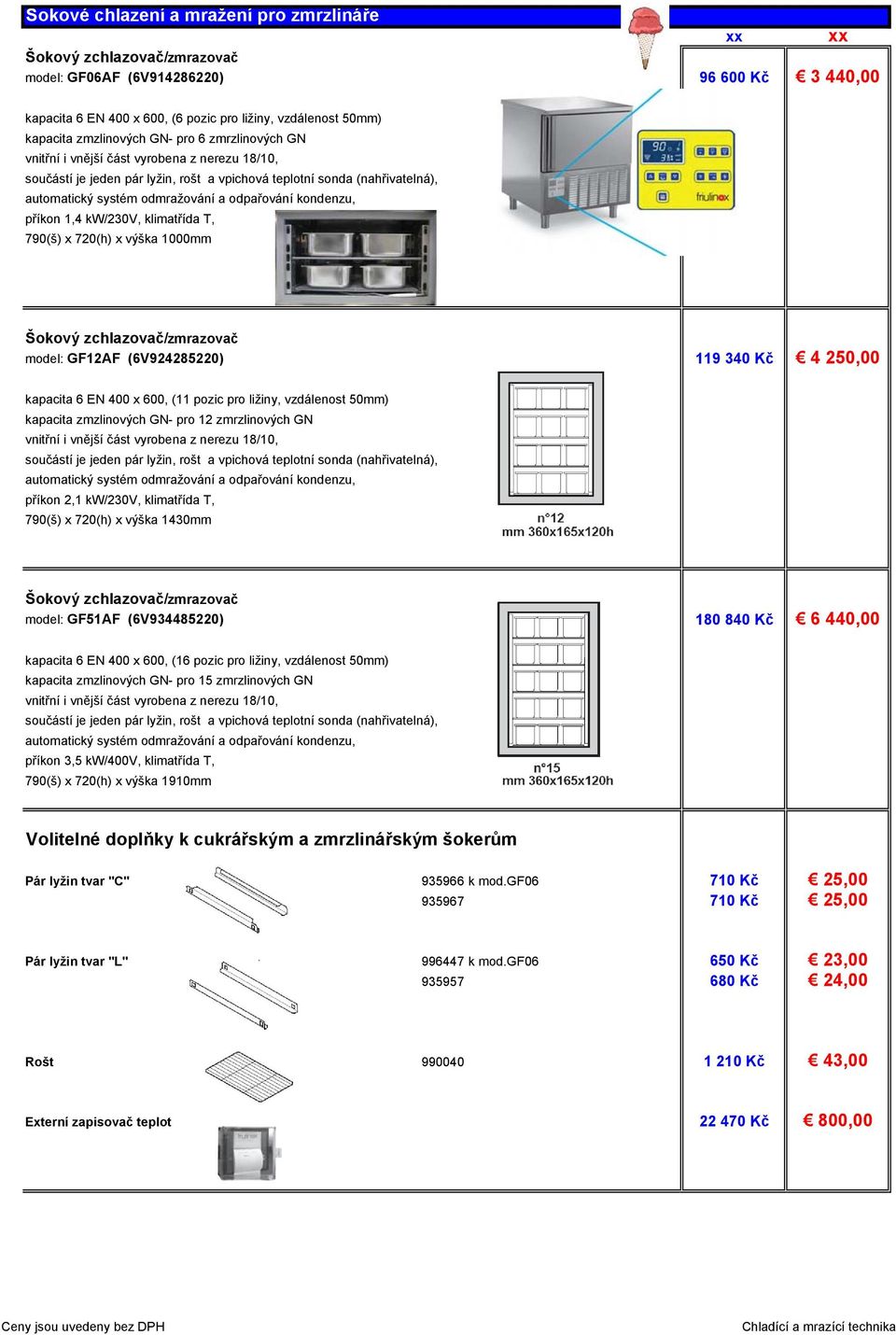 250,00 kapacita 6 EN 400 x 600, (11 pozic pro ližiny, vzdálenost 50mm) kapacita zmzlinových GN- pro 12 zmrzlinových GN součástí je jeden pár lyžin, rošt a vpichová teplotní sonda (nahřivatelná),