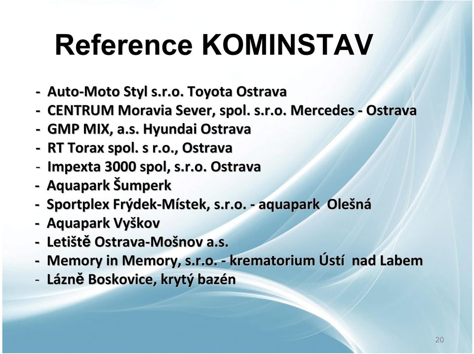 r.o. - aquapark Olešná Aquapark Vyškov Letiště Ostrava-Mošnov a.s. Memory in Memory, s.r.o. - krematorium Ústí nad Labem Lázně Boskovice, krytý bazén 20
