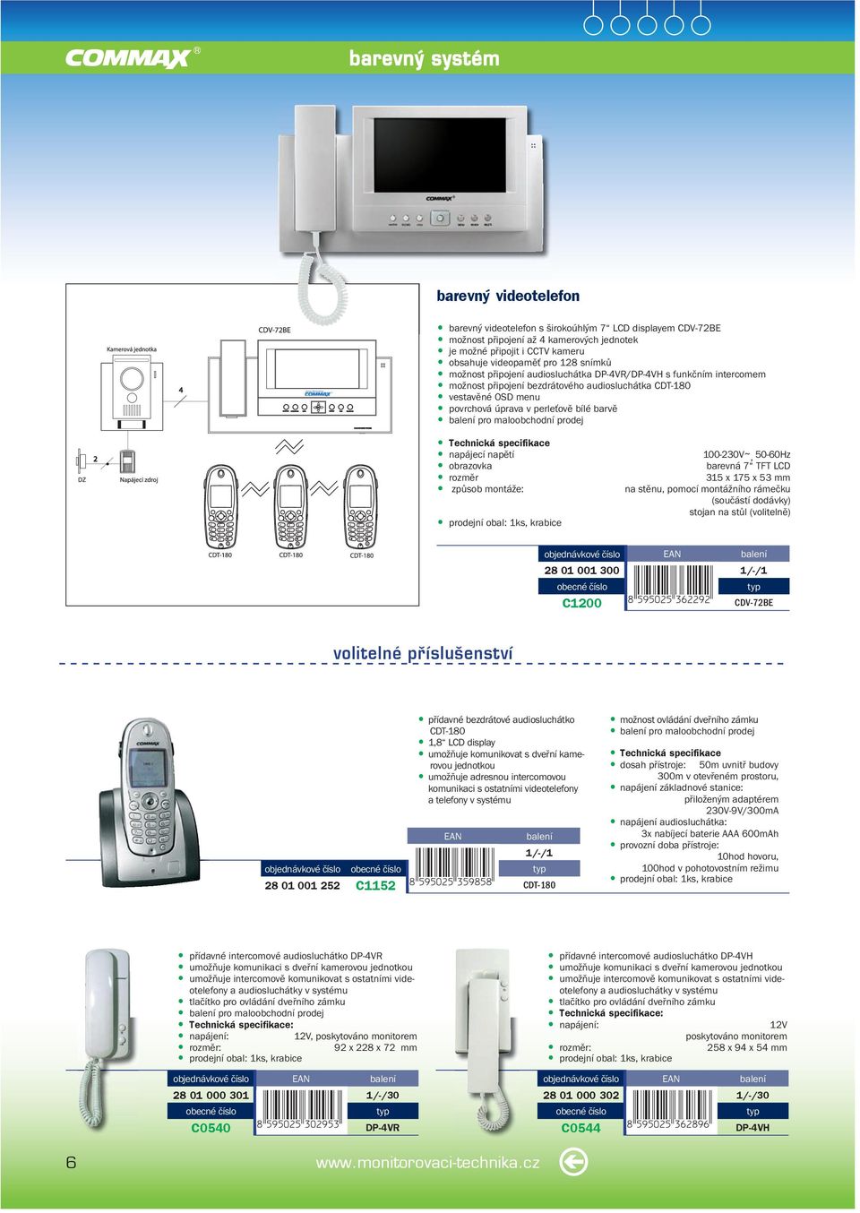 maloobchodní prodej napájecí napětí obrazovka rozměr způsob montáže: 100-230V ~, 50-60Hz barevná 7 TFT LCD 315 x 175 x 53 mm na stěnu, pomocí montážního rámečku (součástí dodávky) stojan na stůl