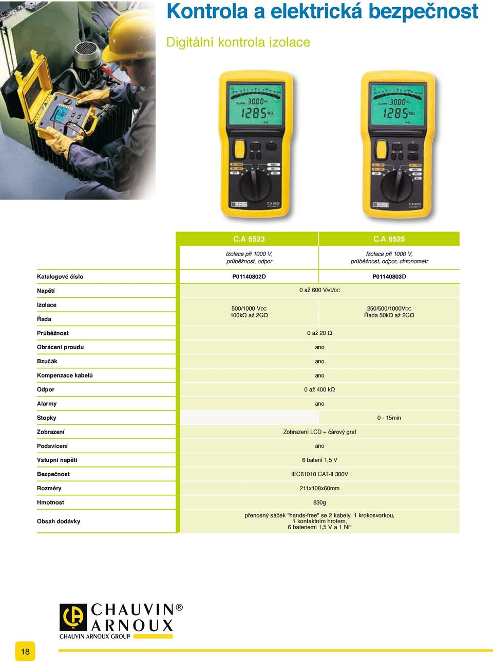 500/1000 Vdc 100kΩ až 2GΩ 250/500/1000Vdc Řada 50kΩ až 2GΩ 0 až 20 Ω Obrácení proudu Bzučák Kompenzace kabelů Odpor 0 až 400 kω Alarmy Stopky Zobrazení Zobrazení LCD