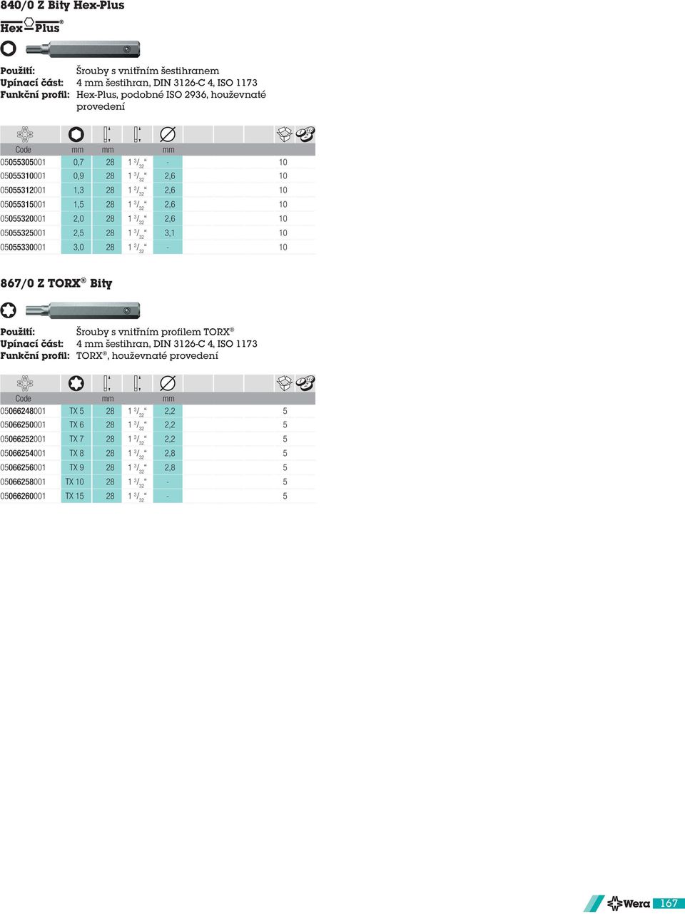 3 / 32-867/0 Z TORX Bity Šrouby s vnitřním profilem TORX Upínací část: 4 mm šestihran, DIN 3126-C 4, ISO 1173 Funkční profil: TORX, houževnaté provedení 05066248001 TX 5 28 1 3 / 32 2,2 5