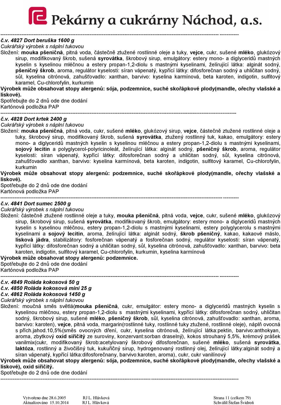 kyselosti: síran vápenatý, kypřící látky: difosforečnan sodný a uhličitan sodný, sůl, kyselina citrónová, zahušťovadlo: xanthan, barvivo: kyselina karmínová, beta karoten, indigotin, sulfitový