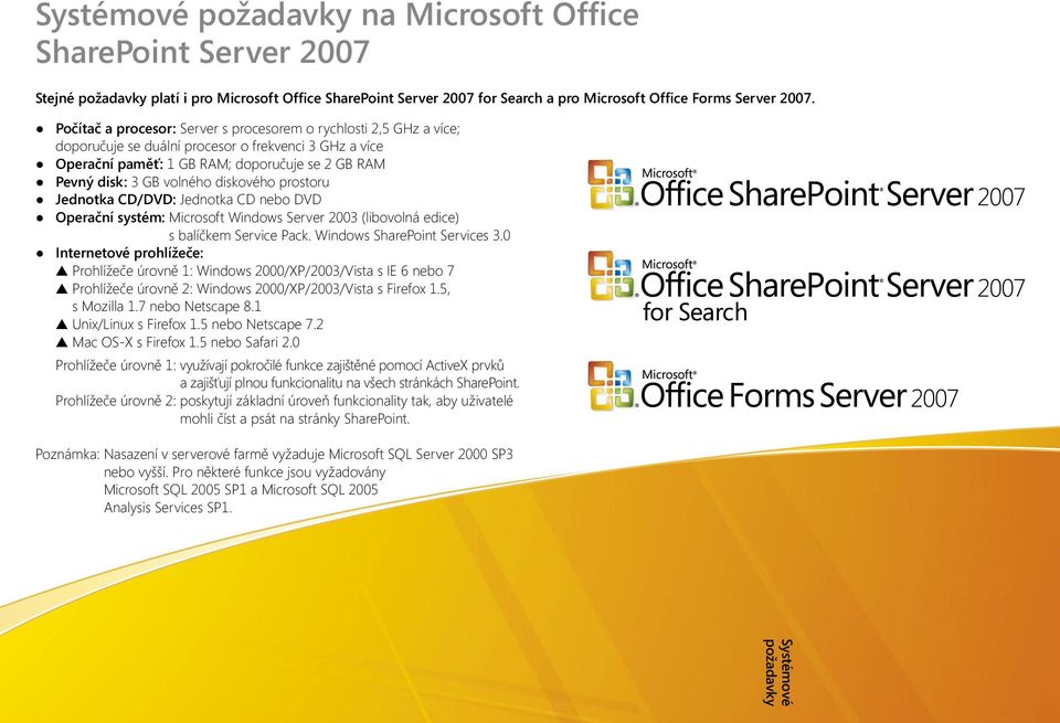 diskového prostoru Jednotka CD/DVD: Jednotka CD nebo DVD Operační systém: Microsoft Windows Server 2003 (libovolná edice) s balíčkem Service Pack. Windows SharePoint Services 3.