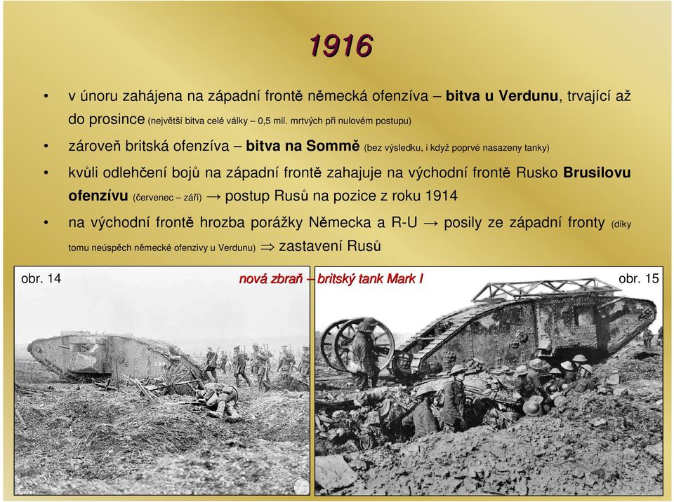 západní frontě zahajuje na východní frontě Rusko Brusilovu ofenzívu (červenec září) postup Rusů na pozice z roku 1914 na východní frontě