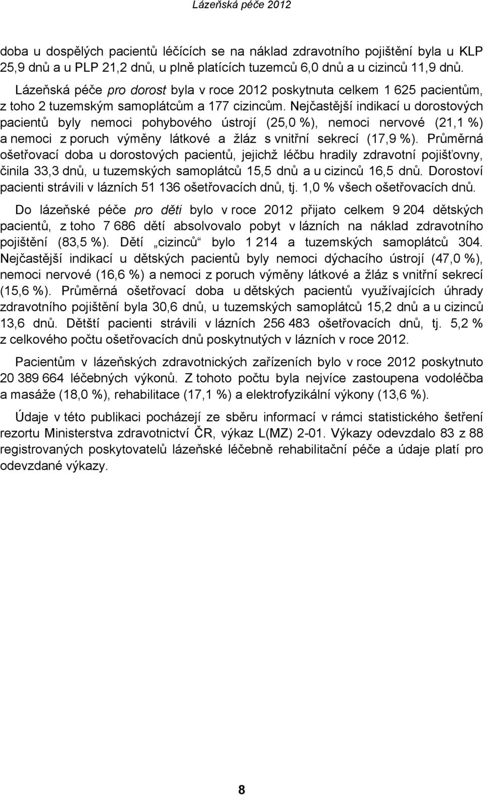 Nejčastější indikací u dorostových pacientů byly nemoci pohybového ústrojí (25,0 %), nemoci nervové (21,1 %) a nemoci z poruch výměny látkové a žláz s vnitřní sekrecí (17,9 %).