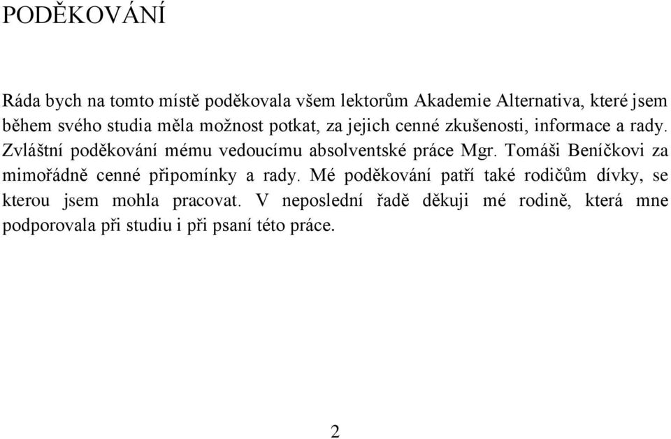 Zvláštní poděkování mému vedoucímu absolventské práce Mgr. Tomáši Beníčkovi za mimořádně cenné připomínky a rady.