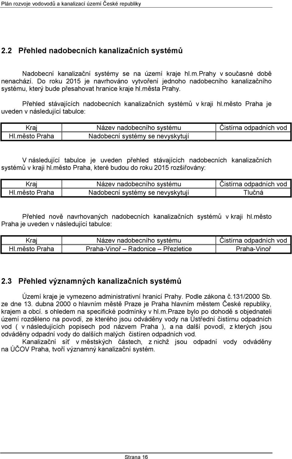 město Praha je uveden v následující tabulce: Kraj Název nadobecního systému Čistírna odpadních vod Hl.