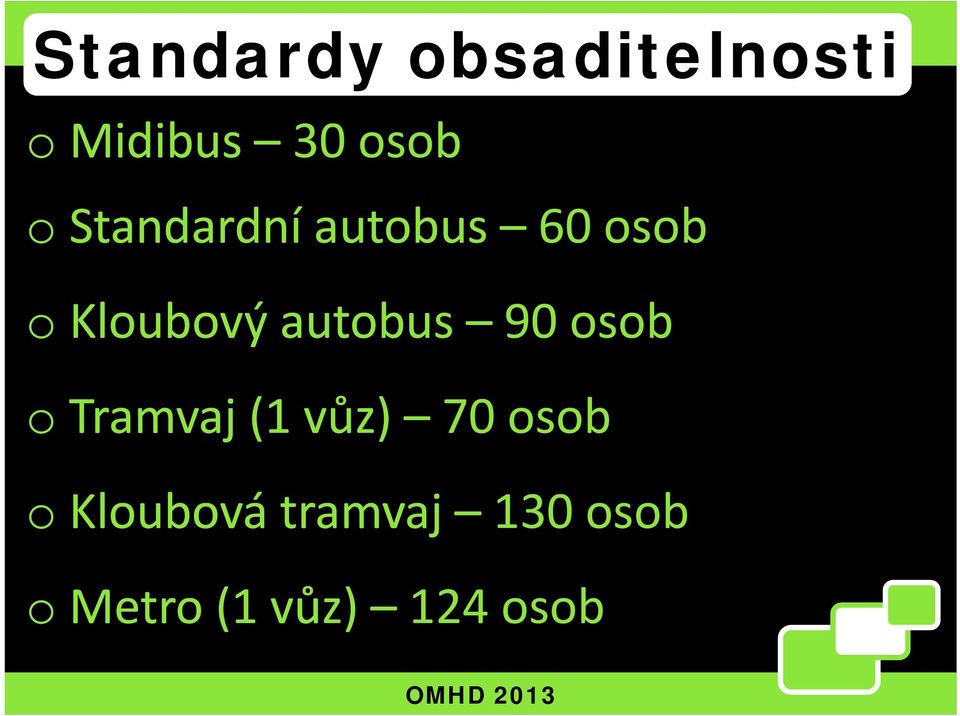 autobus 90 osob o Tramvaj (1 vůz) 70 osob o