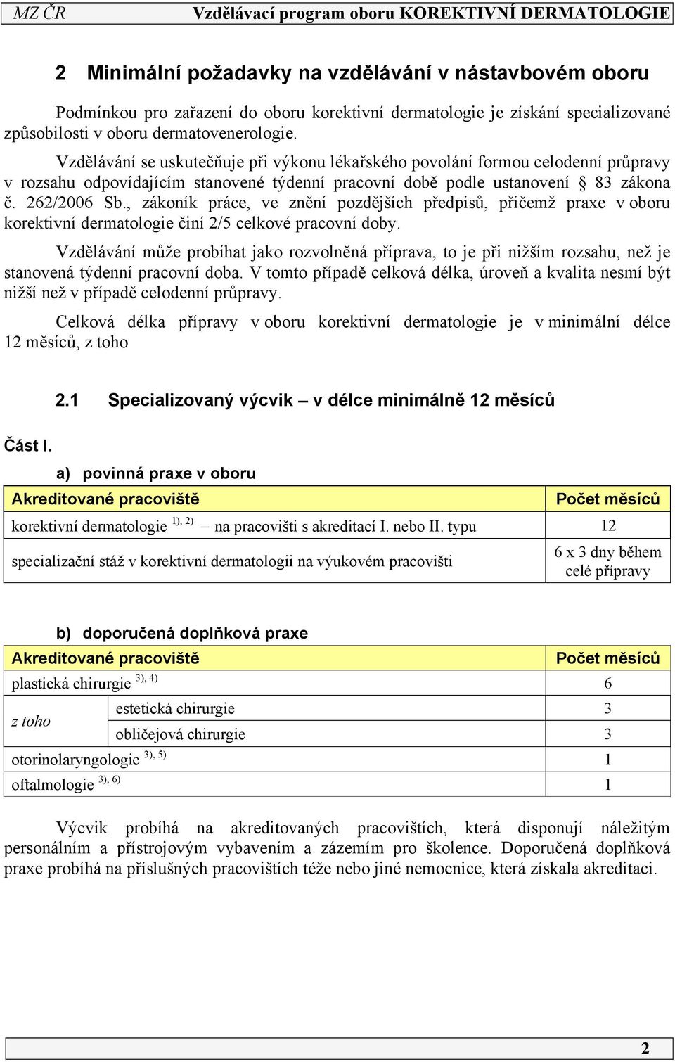 , zákoník práce, ve znění pozdějších předpisů, přičemž praxe v oboru korektivní dermatologie činí /5 celkové pracovní doby.