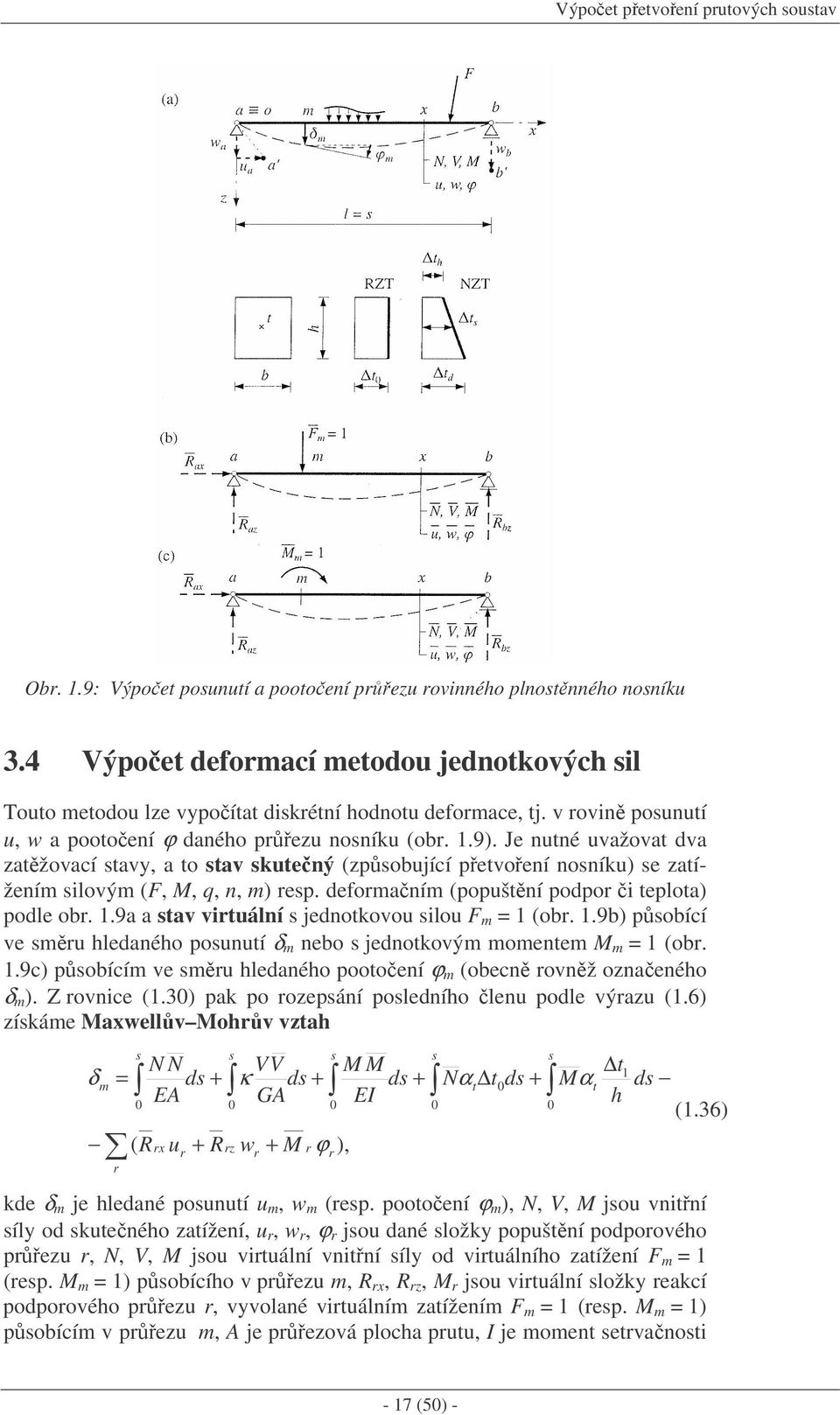 Je nutné uvažovat dva zatžovací stavy, a to stav skutený (zpsobující petvoení nosníku) se zatížením silovým (F, M, q, n, m) resp. deformaním (popuštní podpor i teplota) podle obr.