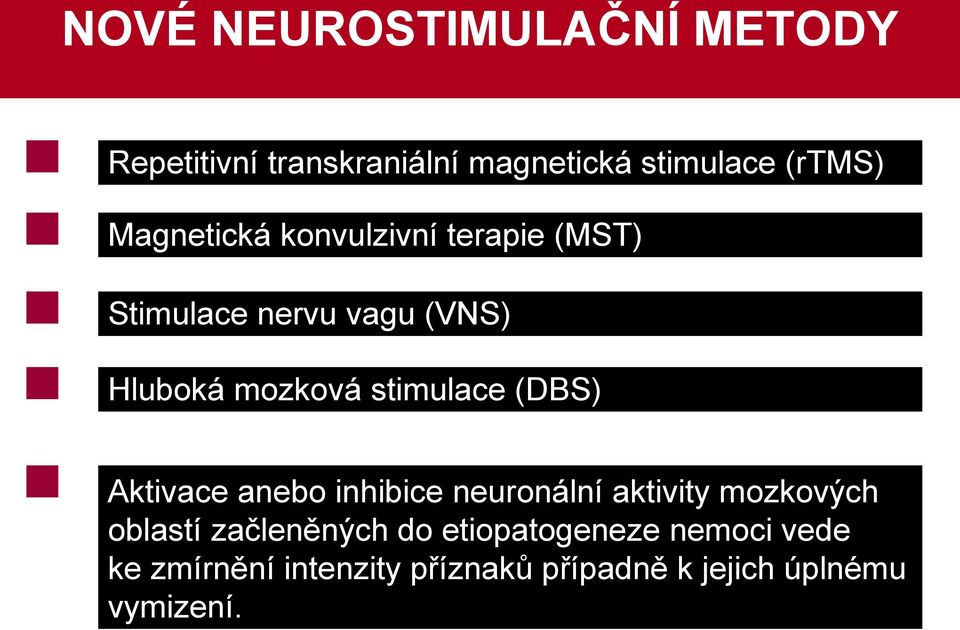 stimulace (DBS) Aktivace anebo inhibice neuronální aktivity mozkových oblastí
