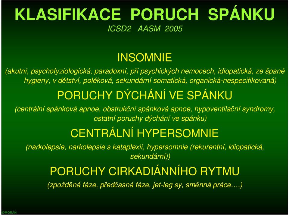 obstrukční spánková apnoe, hypoventilační syndromy, ostatní poruchy dýchání ve spánku) CENTRÁLNÍ HYPERSOMNIE (narkolepsie, narkolepsie s