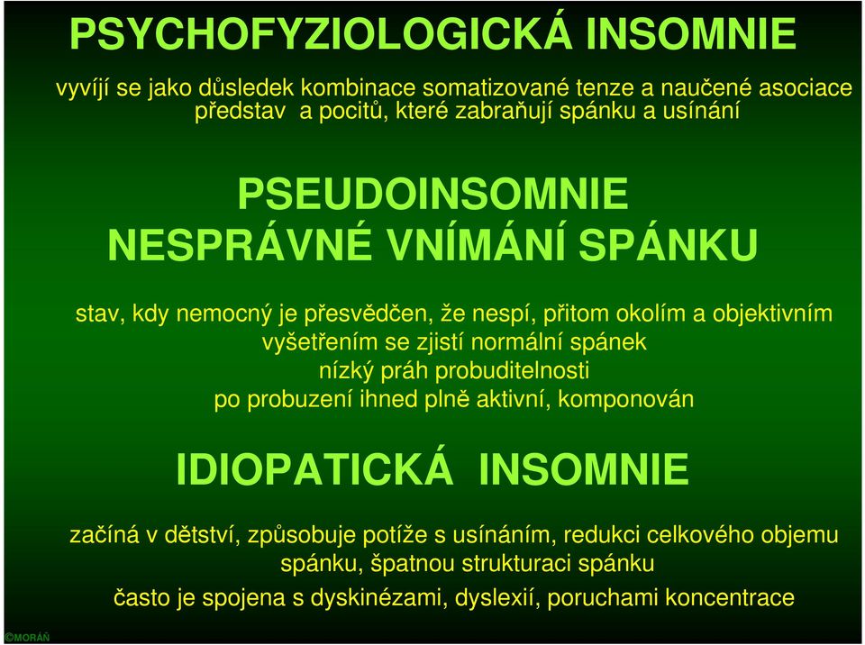 se zjistí normální spánek nízký práh probuditelnosti po probuzení ihned plně aktivní, komponován IDIOPATICKÁ INSOMNIE začíná v dětství,