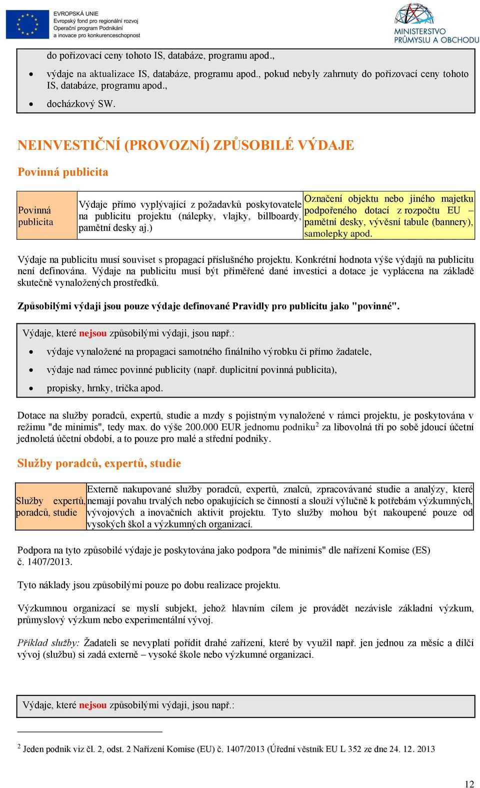 na publicitu projektu (nálepky, vlajky, billboardy, pamětní desky, vývěsní tabule (bannery), pamětní desky aj.) samolepky apod. Výdaje na publicitu musí souviset s propagací příslušného projektu.