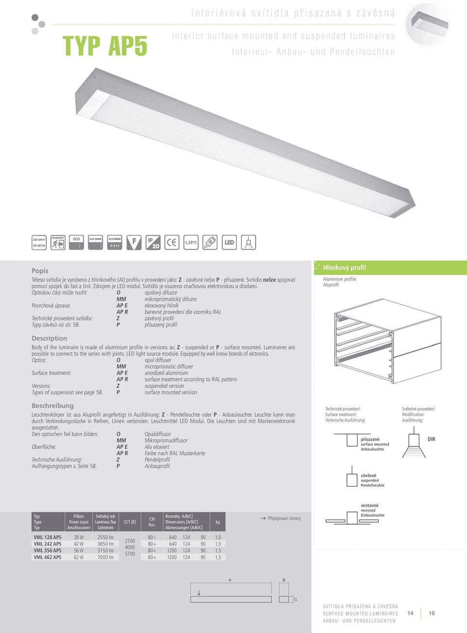 Optickou část může tvořit: O opálový difuzor MM mikroprizmatický difuzor Povrchová úprava: AP E eloxovaný hliník AP R barevné provedení dle vzorníku RAL Technické provedení svítidla: Z závěsný profil