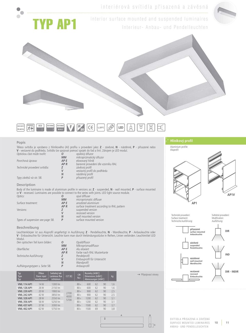 Optickou část může tvořit: O opálový difuzor MM mikroprizmatický difuzor Povrchová úprava: AP E eloxovaný hliník AP R barevné provedení dle vzorníku RAL Technické provedení svítidla: Z závěsný profil