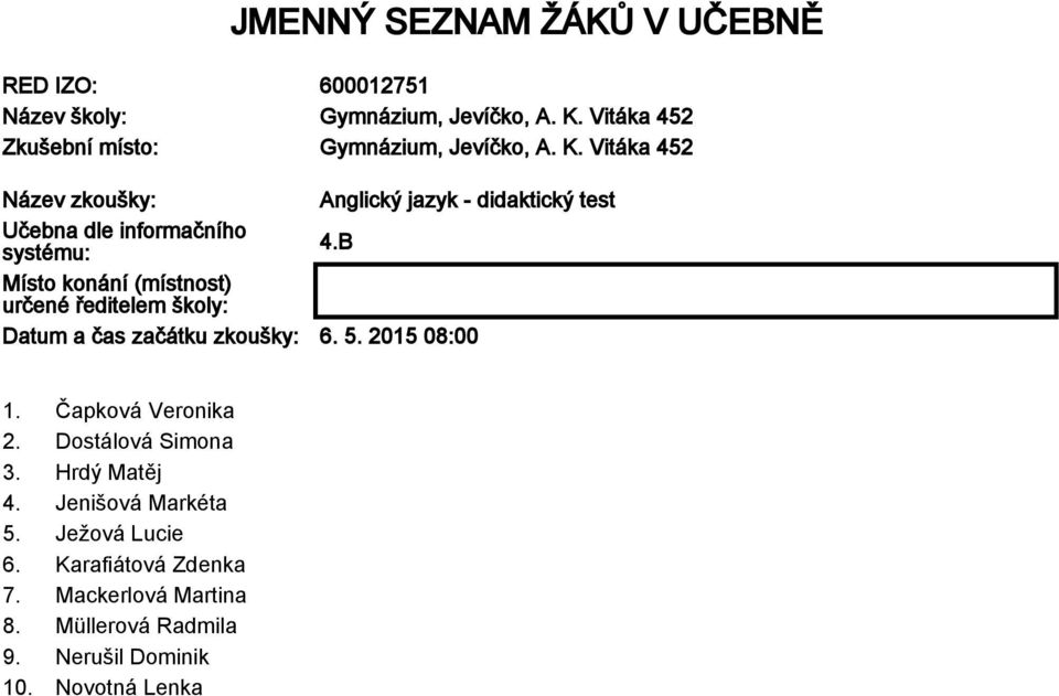 Vitáka 452 Název zkoušky: Anglický jazyk - didaktický test Učebna dle informačního systému: 4.