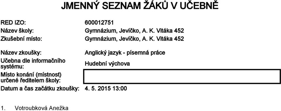 Vitáka 452 Název zkoušky: Anglický jazyk - písemná práce Učebna dle informačního systému: