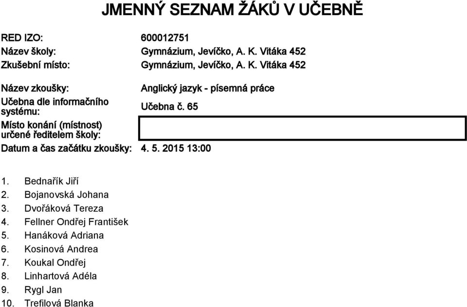 Vitáka 452 Název zkoušky: Anglický jazyk - písemná práce Učebna dle informačního systému: Učebna č.