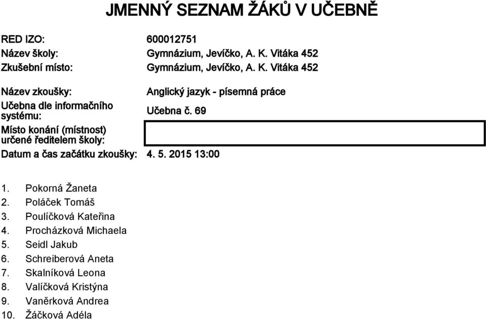 Vitáka 452 Název zkoušky: Anglický jazyk - písemná práce Učebna dle informačního systému: Učebna č.