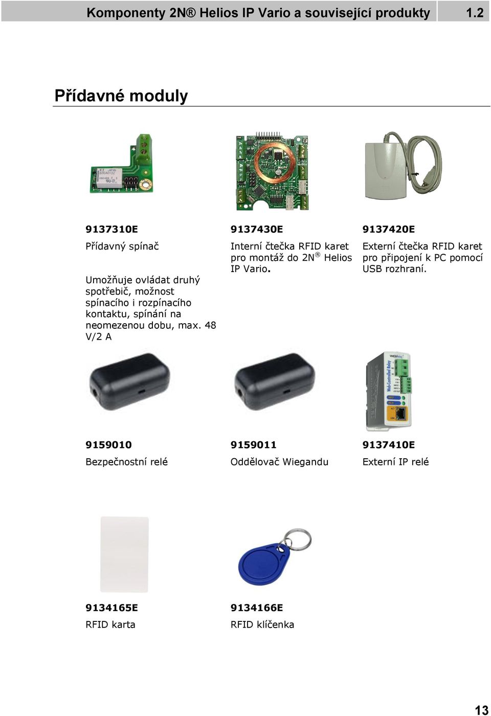 spínání na neomezenou dobu, max. 48 V/2 A 9137430E Interní čtečka RFID karet pro montáž do 2N Helios IP Vario.