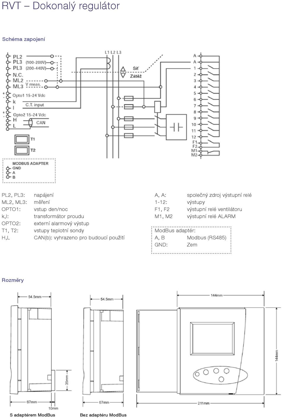 použití A, A: společný zdroj výstupní relé 1-12: výstupy F1, F2 výstupní relé ventilátoru M1, M2