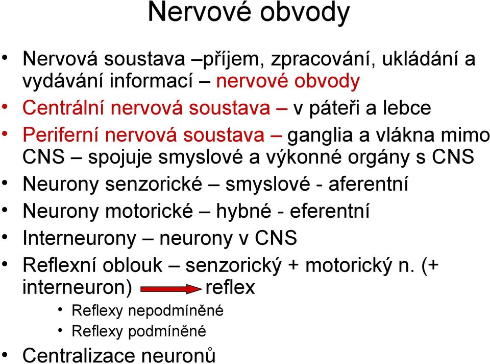 CNS Neurony senzorické smyslové - aferentní Neurony motorické hybné - eferentní Interneurony neurony v CNS