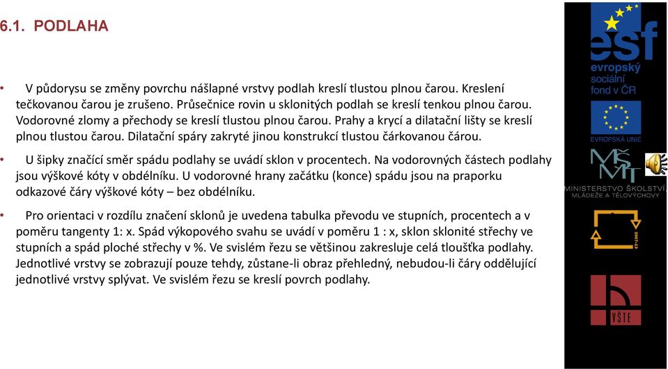 U šipky značící směr spádu podlahy se uvádí sklon v procentech. Na vodorovných částech podlahy jsou výškové kóty v obdélníku.