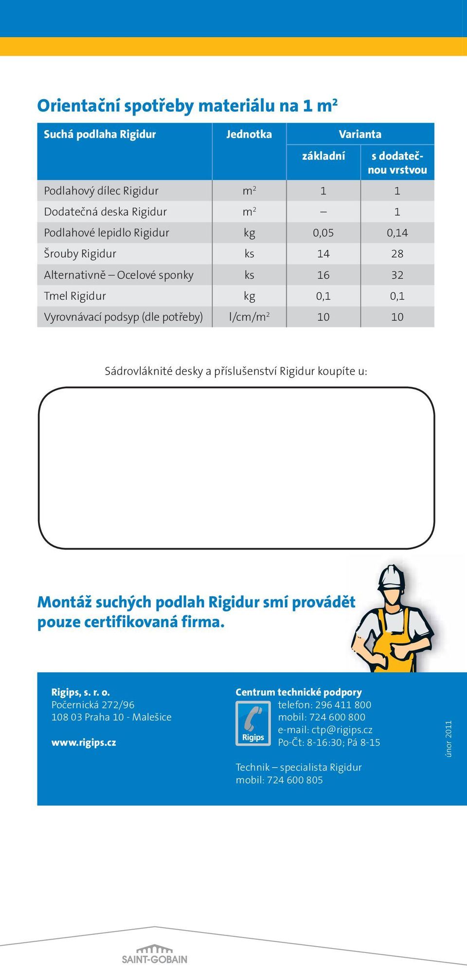 Sádrovláknité desky a příslušenství Rigidur koupíte u: Montáž suchých podlah Rigidur smí provádět pouze certifikovaná firma. Rigips, s. r. o.