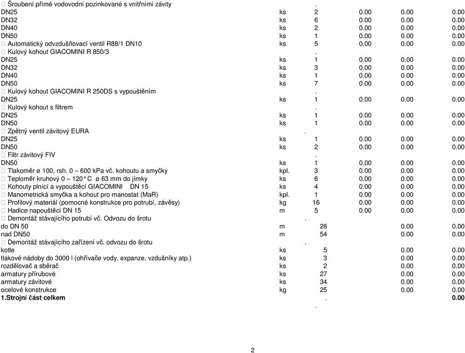 Kulový kohout s filtrem DN25 ks 1 000 000 000 DN50 ks 1 000 000 000 Zpětný ventil závitový EURA DN25 ks 1 000 000 000 DN50 ks 2 000 000 000 Filtr závitový FIV DN50 ks 1 000 000 000 Tlakoměr ø 100,