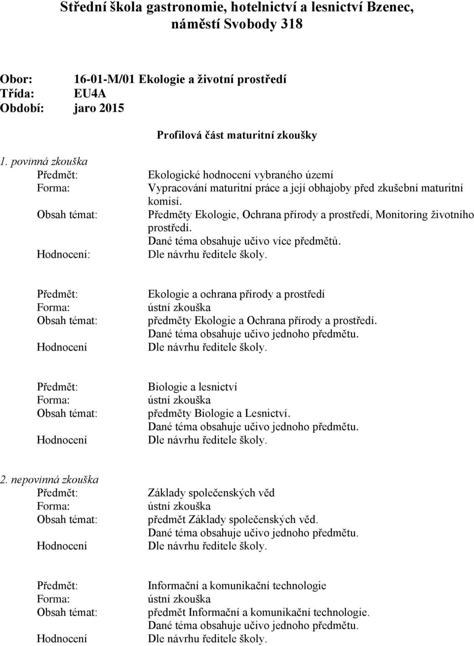 Předměty Ekologie, Ochrana přírody a prostředí, Monitoring životního prostředí. Dané téma obsahuje učivo více předmětů.