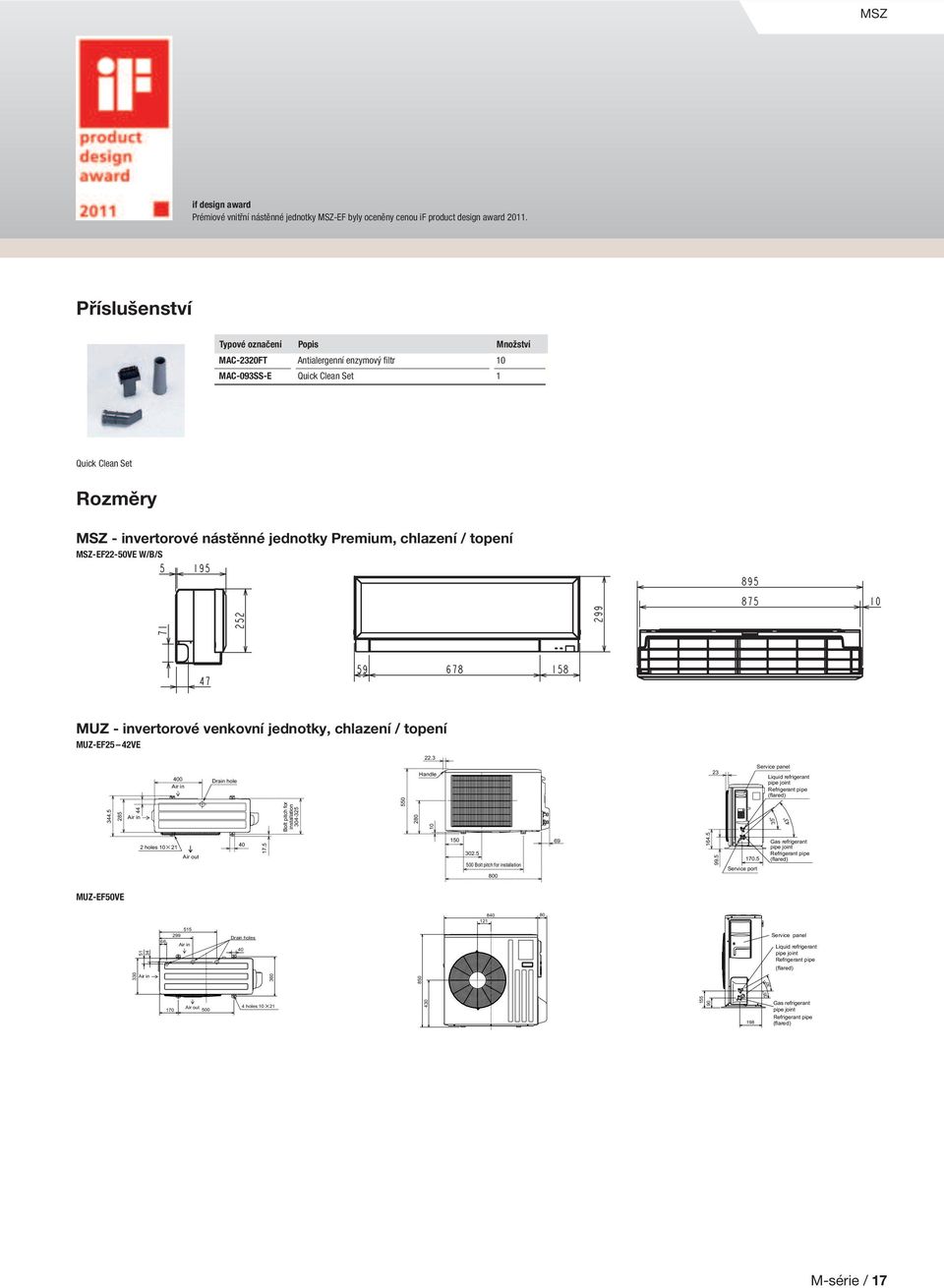 topení MSZ-EF22-50VE W/B/S MUZ - invertorové venkovní jednotky, chlazení / topení MUZ-EF25 42VE 344.5 44 0 Drain hole Bolt pitch for installation 304-325 280 22.