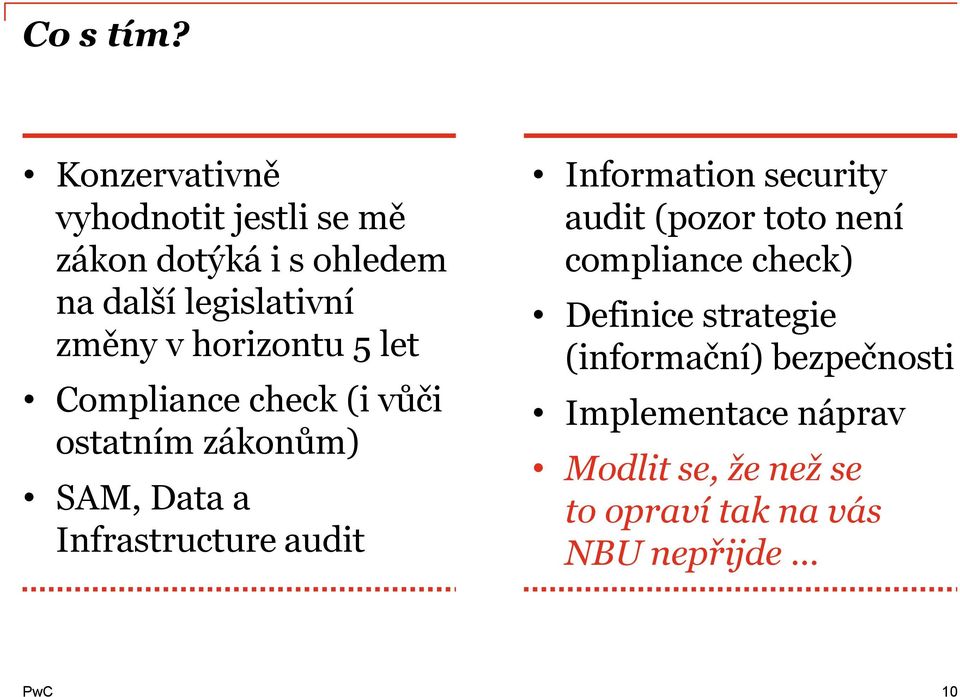 horizontu 5 let Compliance check (i vůči ostatním zákonům) SAM, Data a Infrastructure audit