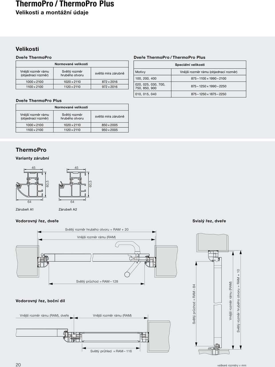 020, 025, 030, 700, 750, 850, 900 875 1250 1990 2250 010, 015, 040 875 1250 1875 2250 Vnější rozměr rámu (objednací rozměr) Normované velikosti Světlý rozměr hrubého otvoru světlá míra zárubně 1000