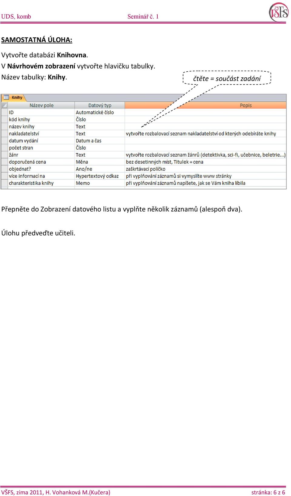 čtěte = součást zadání Přepněte do Zobrazení datového listu a vyplňte