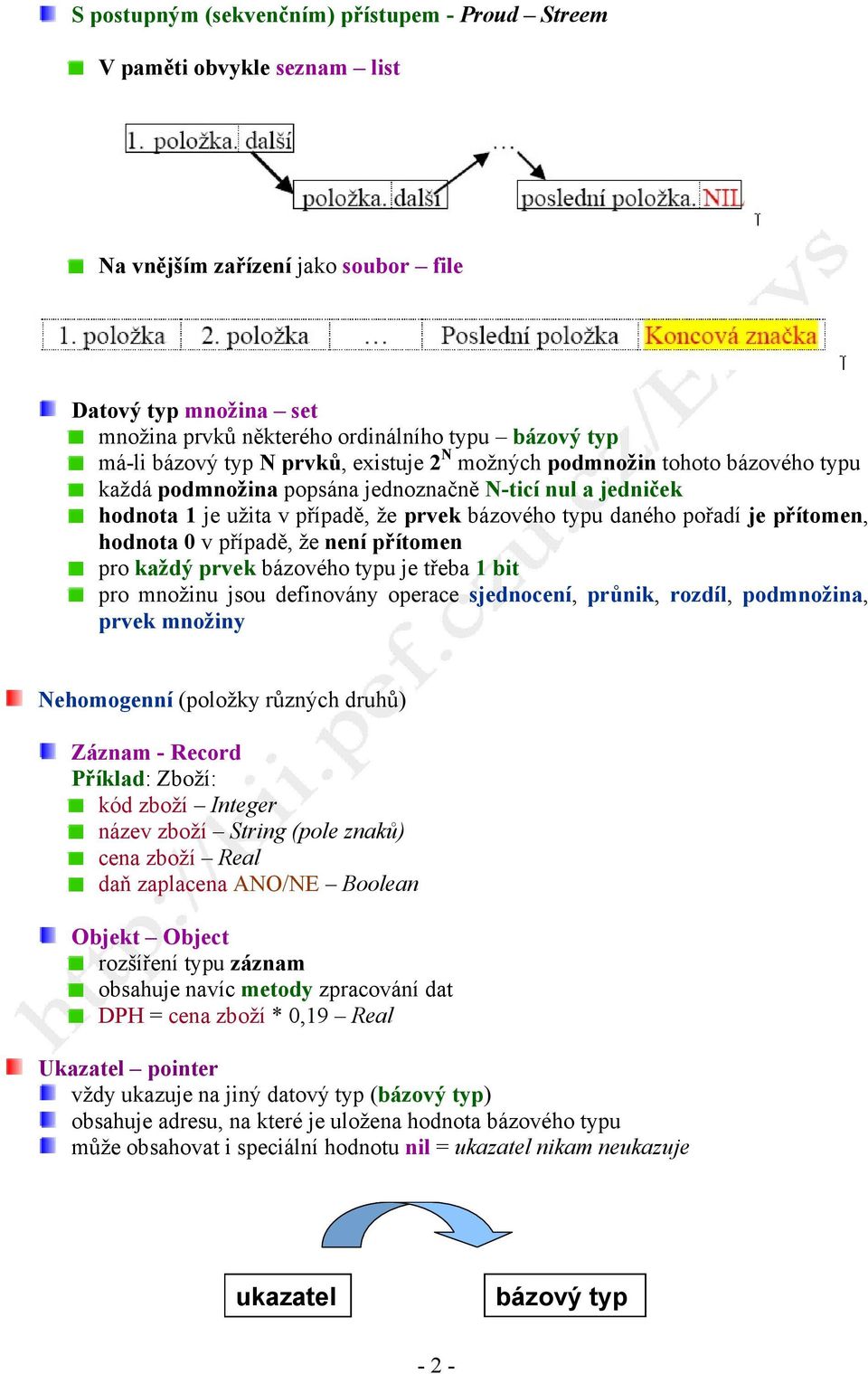 je přítomen, hodnota 0 v případě, že není přítomen pro každý prvek bázového typu je třeba 1 bit pro množinu jsou definovány operace sjednocení, průnik, rozdíl, podmnožina, prvek množiny Nehomogenní