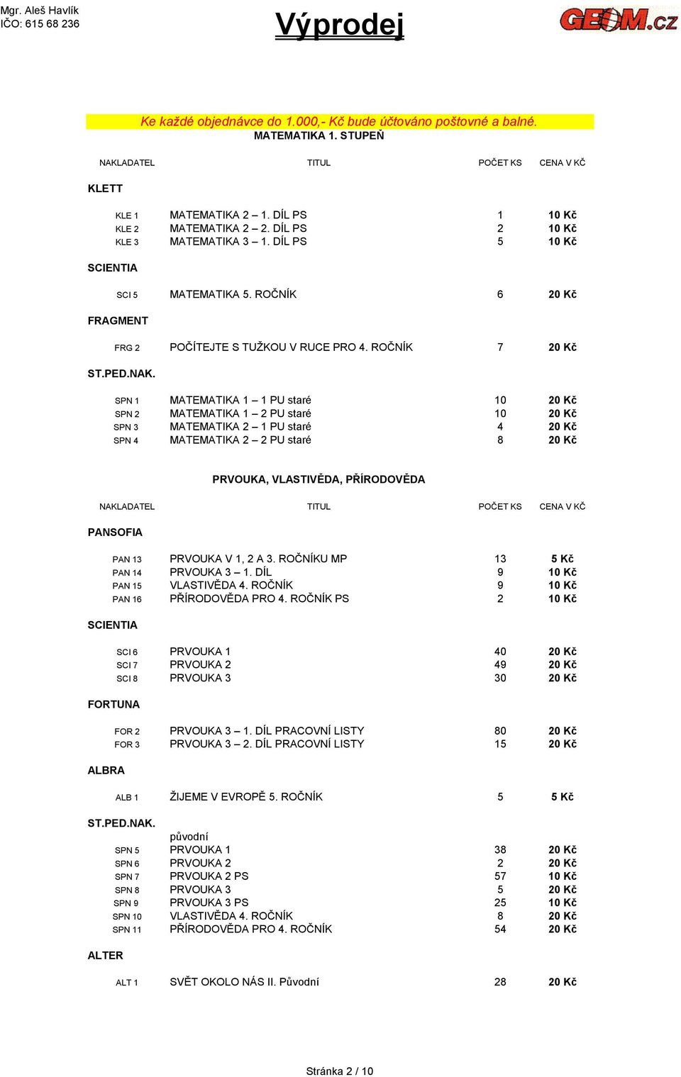 SPN 1 MATEMATIKA 1 1 PU staré 10 20 Kč SPN 2 MATEMATIKA 1 2 PU staré 10 20 Kč SPN 3 MATEMATIKA 2 1 PU staré 4 20 Kč SPN 4 MATEMATIKA 2 2 PU staré 8 20 Kč PRVOUKA, VLASTIVĚDA, PŘÍRODOVĚDA PANSOFIA PAN