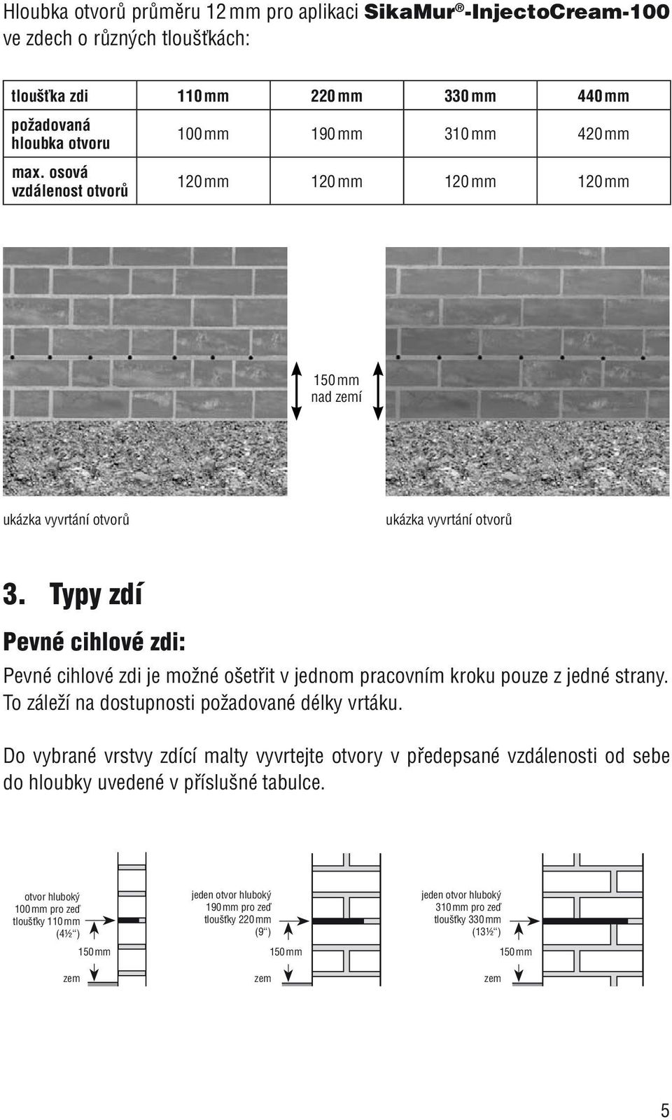 Typy zdí Pevné cihlové zdi: Pevné cihlové zdi je možné ošetřit v jednom pracovním kroku pouze z jedné strany. To záleží na dostupnosti požadované délky vrtáku.
