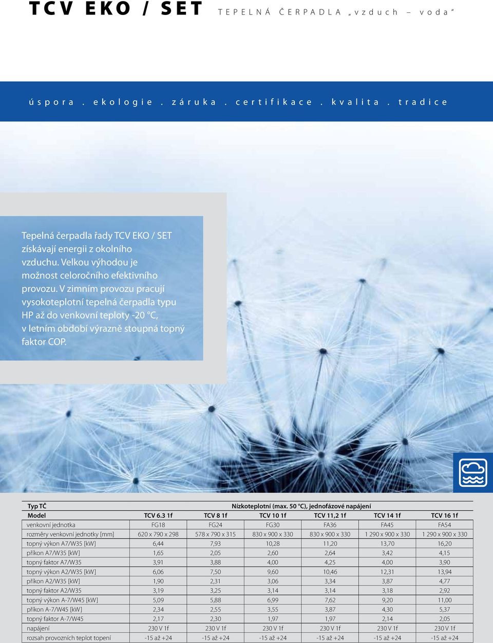 V zimním provozu pracují vysokoteplotní tepelná čerpadla typu HP až do venkovní teploty -20 C, v letním období výrazně stoupná topný faktor COP. Typ TČ Nízkoteplotní (max.