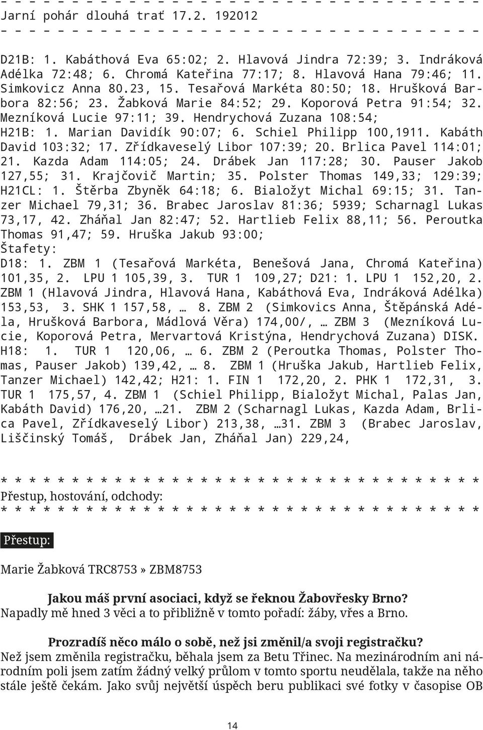 Schiel Philipp 100,1911. Kabáth David 103:32; 17. Zřídkaveselý Libor 107:39; 20. Brlica Pavel 114:01; 21. Kazda Adam 114:05; 24. Drábek Jan 117:28; 30. Pauser Jakob 127,55; 31. Krajčovič Martin; 35.