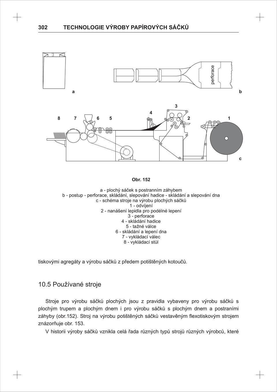 pro podélné lepení 3 - perforace 4 - skládání hadice 5 - tažné válce 6 - skládání a lepení dna 7 - vykládací válec 8 - vykládací stůl tiskovými agregáty a výrobu sáčků z předem potištěných kotoučů.