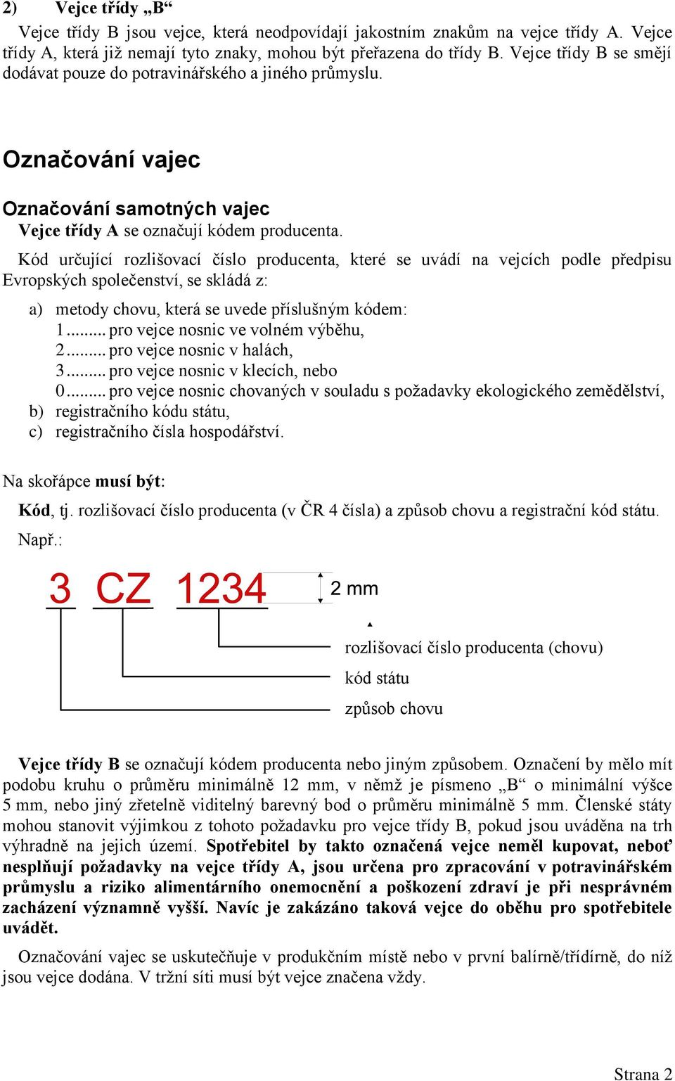 Kód určující rozlišovací číslo producenta, které se uvádí na vejcích podle předpisu Evropských společenství, se skládá z: a) metody chovu, která se uvede příslušným kódem: 1.