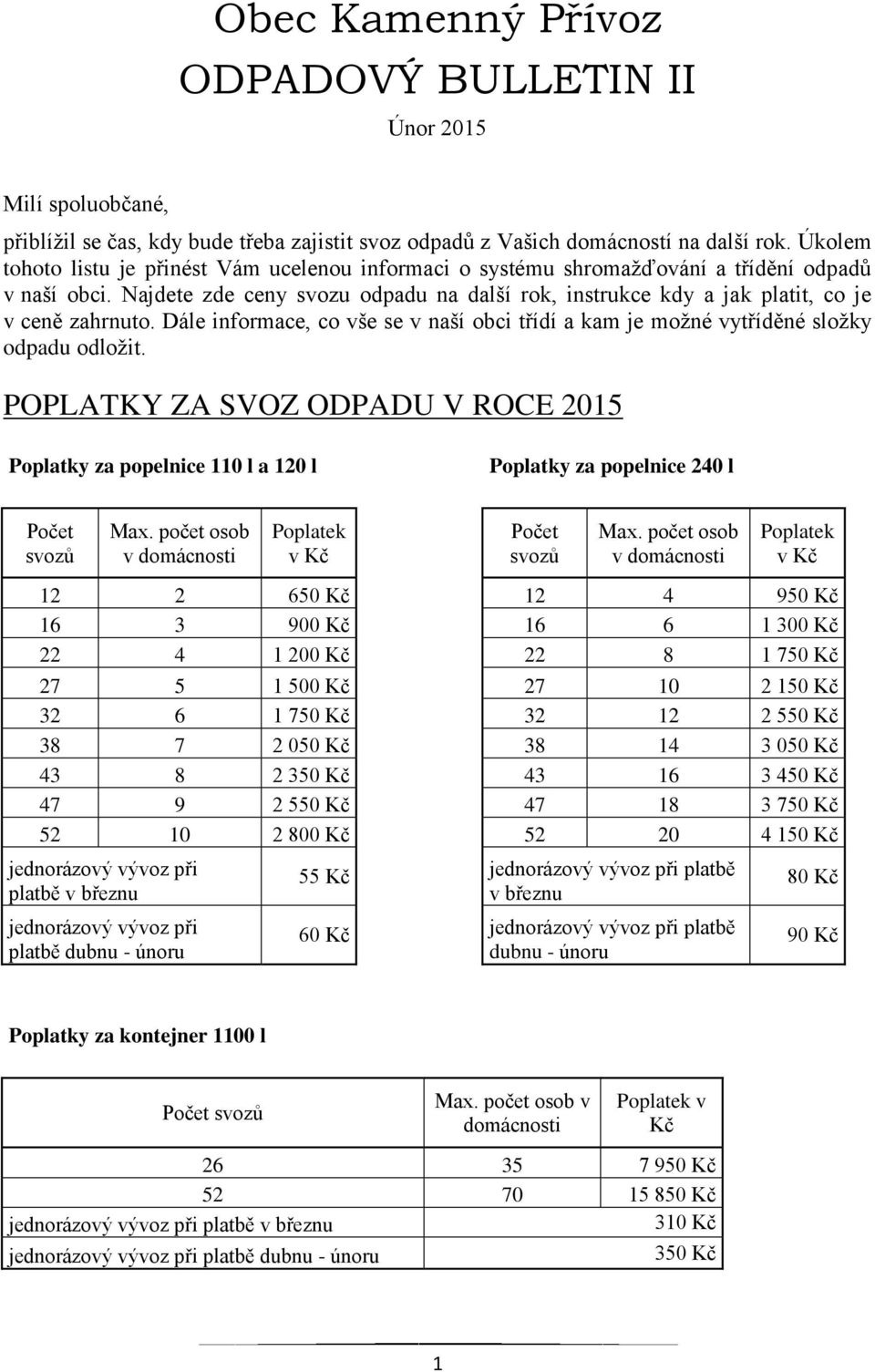 Najdete zde ceny svozu odpadu na další rok, instrukce kdy a jak platit, co je v ceně zahrnuto. Dále informace, co vše se v naší obci třídí a kam je možné vytříděné složky odpadu odložit.