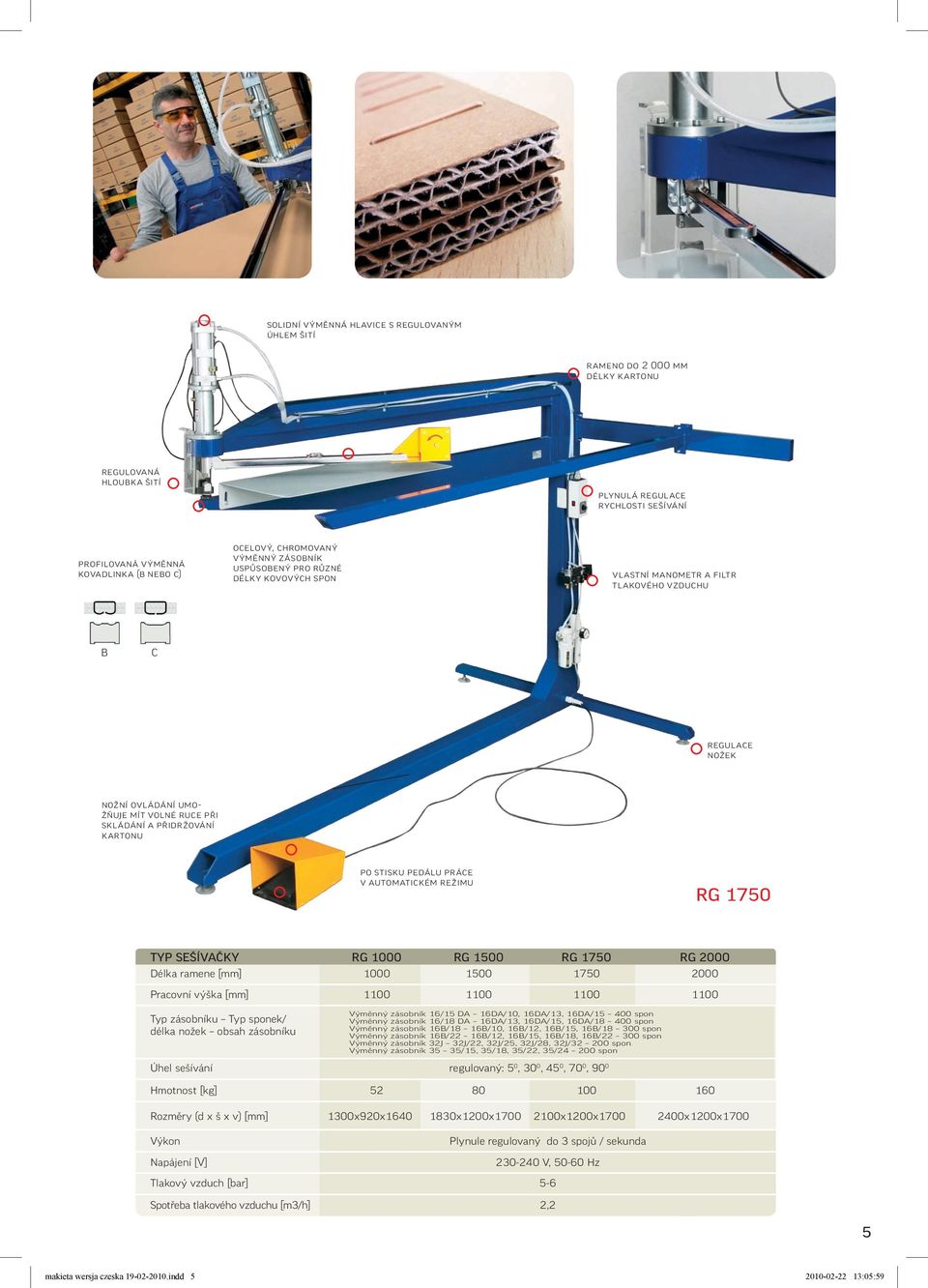 kartonu Po stisku pedálu práce v automatickém režimu RG 1750 TYP SEŠÍVAČKY RG 1000 RG 1500 RG 1750 RG 2000 Délka ramene [mm] 1000 1500 1750 2000 Pracovní výška [mm] 1100 1100 1100 1100 Typ zásobníku