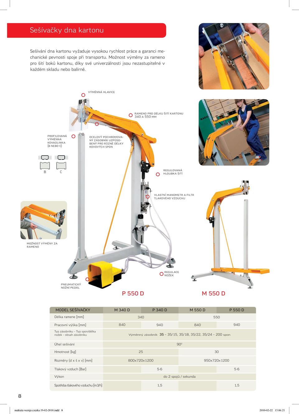 VýměNNá hlavice Rameno pro délku šití kartonu 340 a 550 mm Profilovaná výměnná kovadlinka (B nebo C) Ocelový pochromovaný zásobník uzpůsobený pro různé délky kovových spon B C Regulovaná hloubka šití