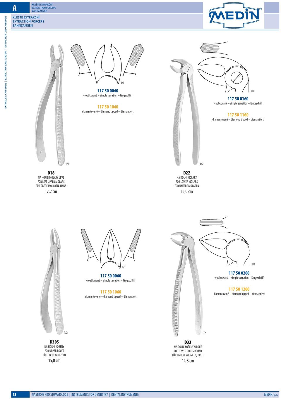 MOLÁRY LEVÉ FOR LEFT UPPER MOLARS FÜR OBERE MOLAREN, LINKS 17,2 cm D22 NA DOLNÍ MOLÁRY FOR LOWER MOLARS FÜR UNTERE MOLAREN 15,0 cm 117 50 0060 vroubkované simple serration längsschliff 117 50 1060